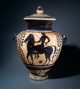 Stamnos en terre cuite représentant un cavalier, 500-490 av. J.-C.