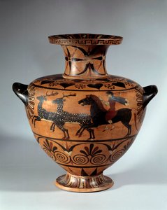 Hydrie en céramique avec figures noires, appelée Caere. Face : chasse au cerf Verso : deux taureaux ailés galopant en direction opposée. Environ 540-530 av. J.-C. Hauteur 0,4 m Paris, Musée du Louvre