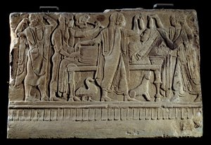 Antiquité étrusque : plaque de cippe funéraire. Exposition de la défunte sur son lit funéraire. Paris, Musée du Louvre - Etruscan Etruscan