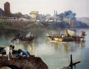 Giornelli des pêcheurs sur le Tibre près de Porto di Ripa Grande à Rome, par Ettore Roesler Franz, aquarelle, Italie - Ettore Roesler Franz
