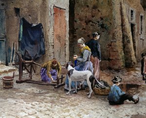 Femmes concentrées sur le filage, détail des vieilles maisons de Lungaretta à Rome - Ettore Roesler Franz