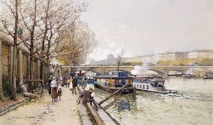 Péniches sur la Seine - Eugene Galien Laloue