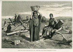 Femme arabe et scieurs de long. Gravure pour illustrer l