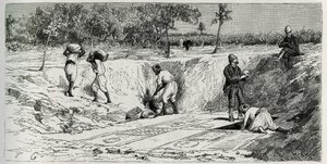 Fouilles au cimetière chrétien de Lamta, avec les deux missions. Gravure par Eug. Girardet, pour illustrer l
