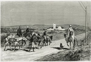 Notre remorqueur avance. Gravé par Eugene Girardet, pour illustrer le récit « Voyage en Tunisie », par René Cagnat (1852-1937) historien et Henri Saladin (1851-1923), architecte, commandé en 1882-1883, par le Ministère de l