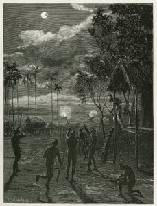 Le Dr Harmand réveillé en pleine nuit par le bruit des fusils des indigènes Khas, tirant sur la lune soumise à une éclipse, à Attopeu (Laos), gravure par Eugène Burnand, pour illustrer le récit du Laos et des populations sauvages d