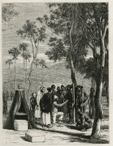 Le Dr Harmand procède à des mesures anthropologiques sur les indigènes Khas, à Attopeu (Laos), gravure par Eugène Burnand, pour illustrer l