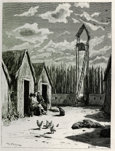 Place des missionnaires à Meuong Ngan. Gravure par Eugène Burnand, pour illustrer le récit « Voyage au Haut Laos », en 1880, par le Dr P. Neis. Publié dans Le Tour du monde, nouveau journal des voyages, 2e semestre 1885, édité par Édouard Charton - Eugene Burnand