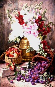 Nature morte avec fleurs dans une urne en laiton et fruits dans des paniers