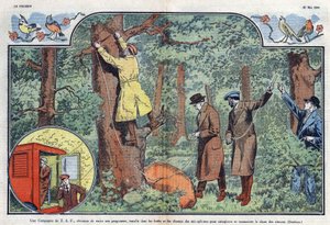 Une compagnie T.S.F. installe des microphones dans les forêts et les champs pour enregistrer et transmettre le chant des oiseaux. Illustration de Damblans dans « Le Pèlerin » du 21 mai 1933