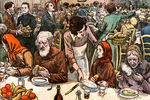 Un banquet pour les pauvres (charité - comité de charité - secours catholique - soupe - dame patronnesse). Le jour de Noël 1927, le cardinal Ferrari (dirigé à Paris par l