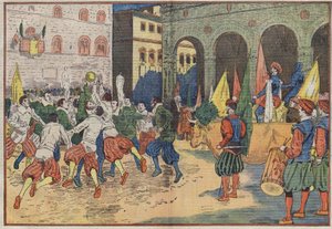Florence, Italie : sur la place de la Seigneurie, une partie de « calcio », football du XVe siècle, a été reconstituée en costume d