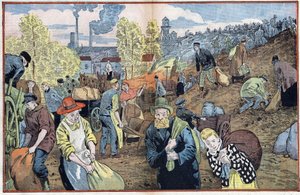 Les chasseurs cherchent des morceaux de charbon parmi les pierres extraites des mines pour se chauffer pendant l
