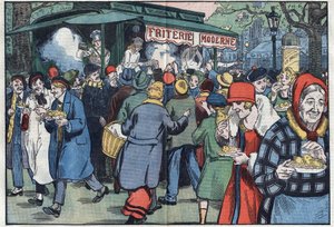 À Paris, un vendeur de frites (marchand de frites), encouragé par le gouvernement, parcourt les différents quartiers pour encourager la population à manger du poisson. Illustration de Damblans. Dans « Le Pèlerin » du 11 avril. - Eugene Damblans