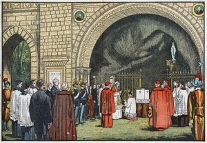 Devant la « Grotte de Lourdes », dans les jardins du Vatican, le pape Pie XI bénit la première pierre du Collège de Propagande qui s