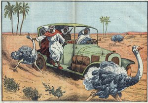 Chasse moderne : dans le désert arabique, des Bédouins riches conduisent de jeunes Autrichiens pour les capturer vivants. Illustration de Damblans. Dans « Le Pèlerin » du 16 avril - Eugene Damblans