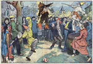 Vieilles coutumes : la crémation du « Carnaval », le soir du Mardi Gras, représente les plaisirs et les bonnes choses abandonnées au seuil du Carême. Illustration de Damblans. Dans « Le Pèlerin » du 16 mars - Eugene Damblans