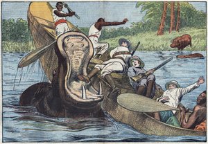 Sur le lac Victoria, en Afrique, un bateau occupé par des missionnaires anglicans et des indigènes est renversé par un hippopotame blessé. Illustration de Damblans. Dans « Le Pèlerin » du 16 mai. - Eugene Damblans