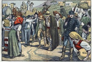 Brigands arrêtés par la police fasciste italienne. Sicile, Italie. Illustration de Damblans. Dans « Le Pèlerin » du 14 février. - Eugene Damblans