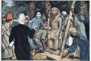 La mission archéologique française découvre une statue de Sésostris III adolescent qui sera apportée au Louvre. Médamoud, ancienne Thèbes, Égypte. Illustration de Damblans. Dans « Le Pèlerin » du 22 novembre