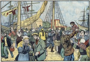 Le retour de la morue à Saint-Malo : les Terres-Neuvas pêchaient et retrouvaient leurs familles. Illustration de Damblans. Dans « Le Pèlerin » du 7 octobre. - Eugene Damblans