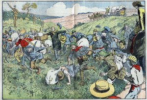 La course aux diamants (Afrique du Sud) : une course organisée pour décider qui occupera les parcelles de diamants les plus proches du gisement. Illustration de Damblans dans «Le Pèlerin» du 3 août