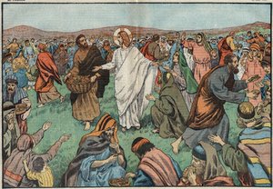 La multiplication des pains : sur les rives du lac de Tibériade, Jésus-Christ satisfait la population en multipliant cinq pains d