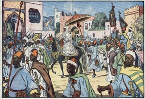 Le nouveau sultan du Maroc, Moulay Mohammed, fait son entrée dans la ville de Rabat. Illustration de Damblans. Dans « Le Pèlerin » du 4 décembre - Eugene Damblans