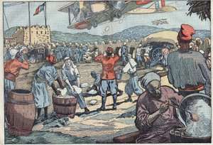 Guerre au Maroc : des avions français approvisionnent en glace un blockhaus assiégé par des dissidents marocains. Illustration de Damblans. Dans « Le Pèlerin » du 24 mai. - Eugene Damblans