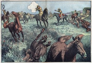 Les chevaux sauvages sont abattus aux États-Unis. Illustration de Damblans. Dans « Le Pèlerin » du 31 janvier - Eugene Damblans