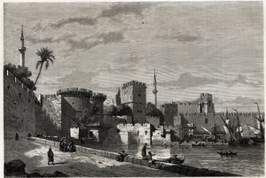 Vue du port de Rhodes et de la porte d