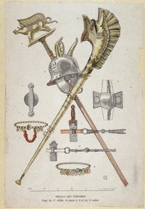 Accessoires du guerrier gaulois : bannière décorant un saglier, casque et carnyx - dans "Cahiers d