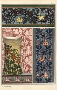 Fleur de colombine, Aquilegia vulgaris, dans des motifs pour papier peint, tissu et vase - Eugene Grasset