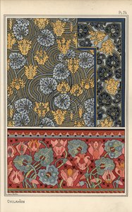 Cyclamen persicum comme motif dans des dessins pour tapisserie, tissu et papier peint. Lithographie par Anna Martin - Eugene Grasset