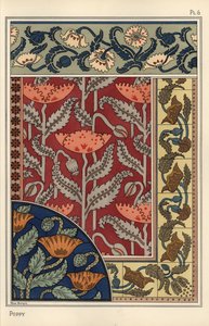 Le pavot, Papaver somniferum, en vitrail, papier peint, motifs de tissu et de carreaux. Lithographie de Marc Mangin - Eugene Grasset