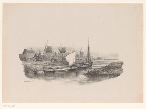 Port avec bateaux et moulins à vent - Eugene Isabey