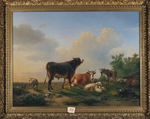 Un taureau, une vache, un âne, une chèvre, des moutons et de la volaille dans un paysage étendu - Eugene Joseph Verboeckhoven