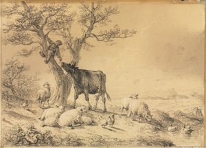 Paysage avec animaux et garçon dans un arbre, 1866 - Eugene Joseph Verboeckhoven