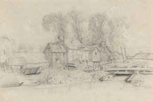 Paysage fluvial avec bâtiments, bateaux et personnages, vers 1858 - Eugene Louis Boudin