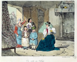 Une visite au village. Une femme riche visite une famille pauvre. Illustration du livre « La vie de château ». Gravure d