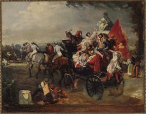 Carrosse avec hommes et femmes en costume sur les Champs-Élysées, 1834 - Eugene Louis Lami