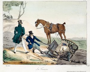 Accident de charrette causé par le rail. Illustration du livre « La vie de château ». Gravure d