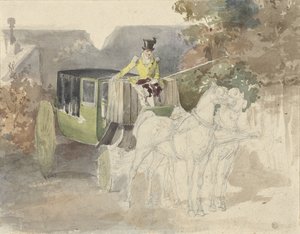 Coupé avec deux chevaux, dans un environnement boisé - Eugene Louis Lami