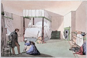 Auberge : un serviteur aidant un client à mettre ses chaussures. Illustration par Eugène Louis Lami (1800-1890), milieu du XIXe siècle - Eugene Louis Lami