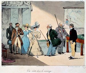 La vie au château : une visite au voisinage. Lithographie d