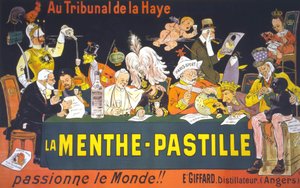 Affiche caricaturale sur la Conférence de paix à La Haye en 1899 : « À la Cour de La Haye, la pastille de menthe - passionne le monde ! » par Eugène Ogé (1861 - 1936)