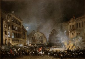 Épisode de la Révolution de 1854 à la Puerta del Sol à Madrid. Peinture d