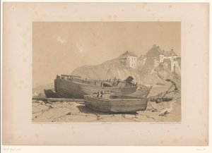 Côte rocheuse avec bateaux et village de pêcheurs - Eugène Cicéri (attributed to)