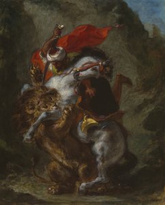 Cavalier arabe attaqué par un lion