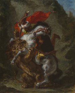 Cavalier arabe attaqué par un lion